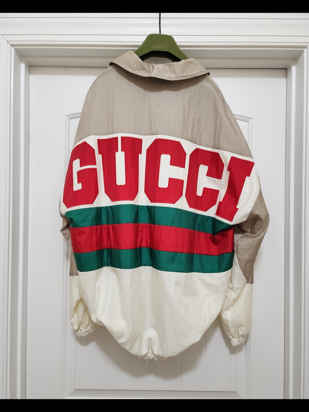 Gucci Beige, White & Red Stripe Lightweight Jacket with Green Accent